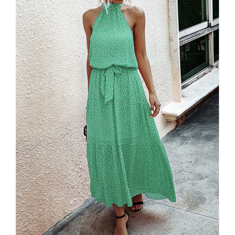 Green Polka Dot Halter Flounce Maxi Dress - Picture 6 of 8